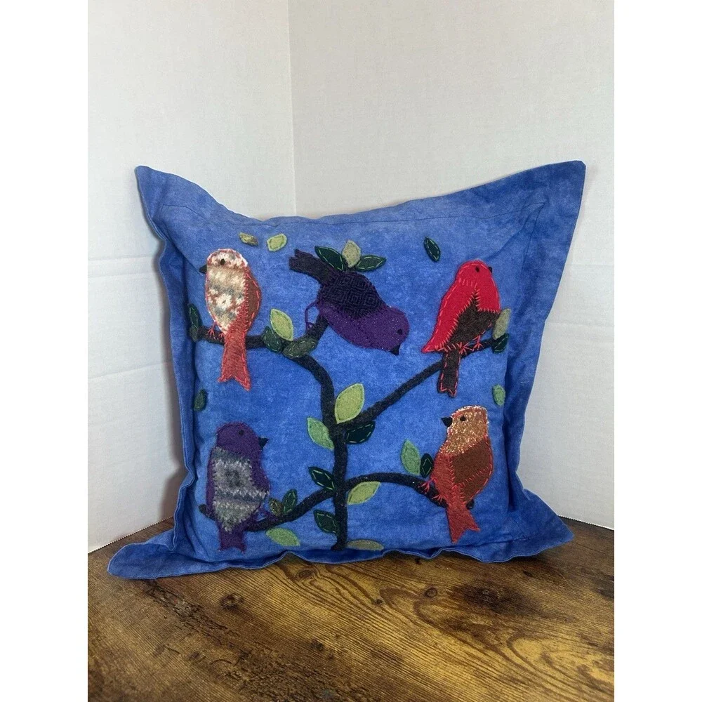 Handmade Blue Bird Pillow Cover Folk Art Throw Cushion 17x17 Removable Case